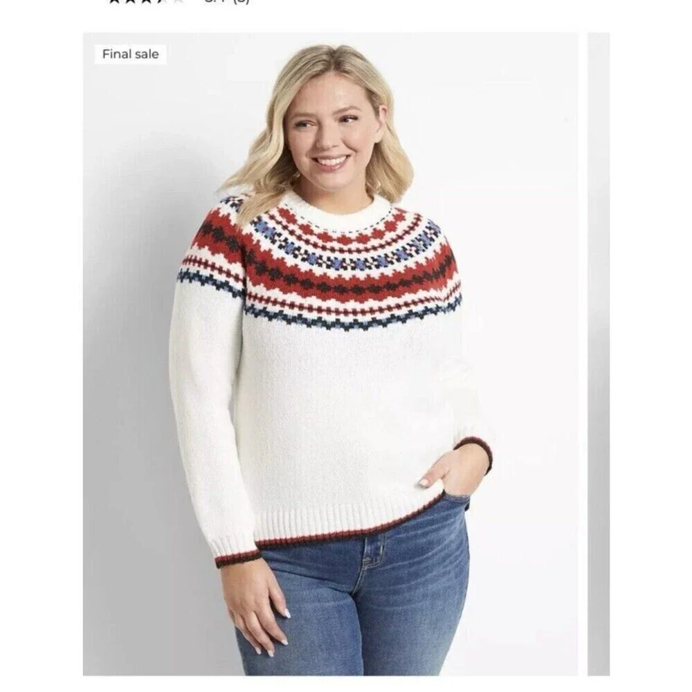 Lane Bryant Womens Fair Isle Pullover Sweater Plus Size 22/24 Brown Crew Neck